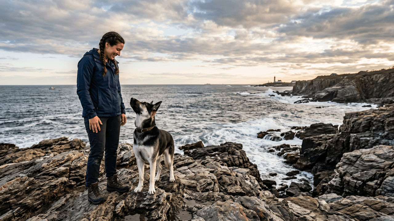 a woman stands on a rocky cliff next to her dog who might see her as a participation trophy