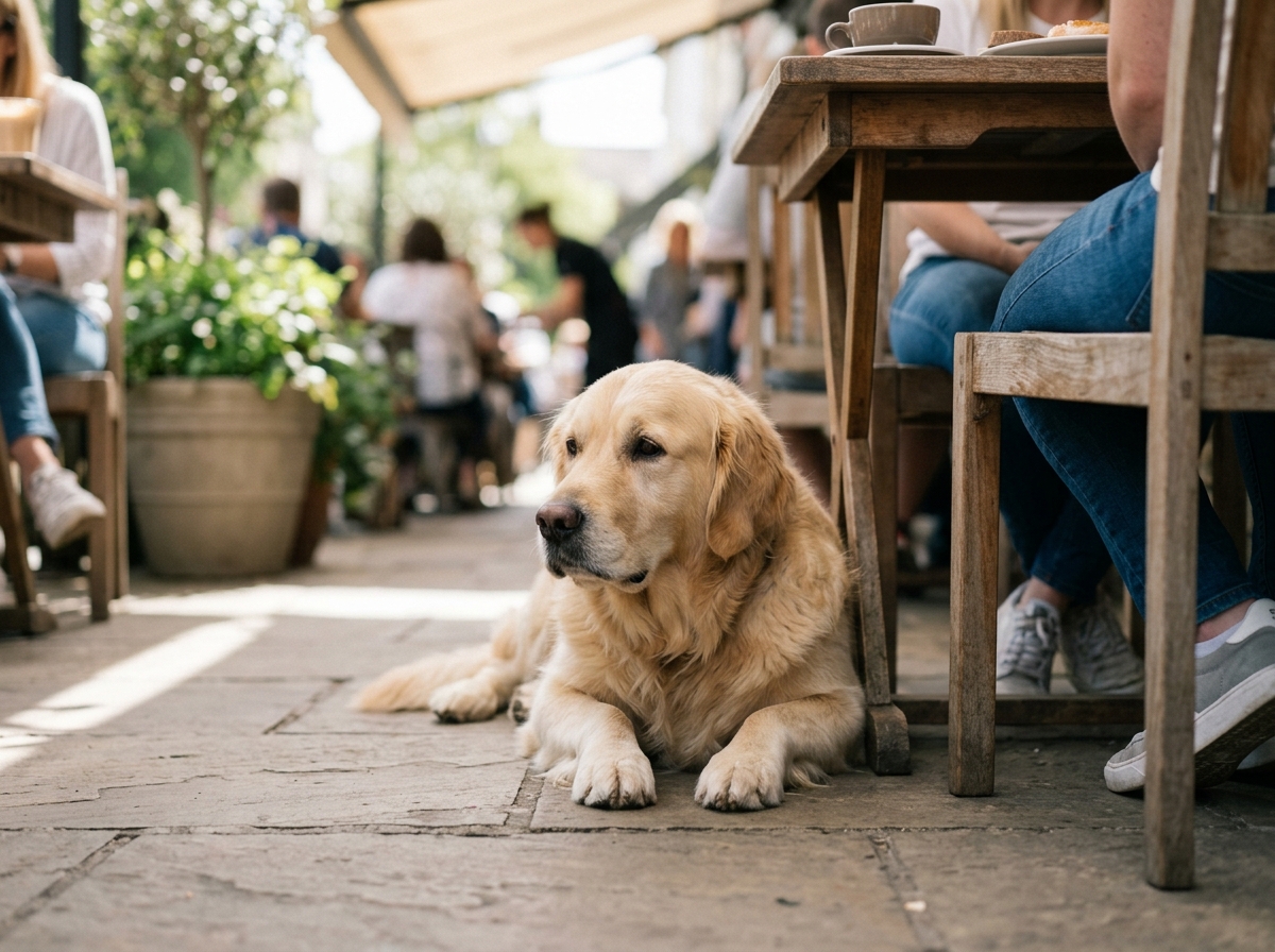 A golden retriever sits calmly at the foot of a restaurant table