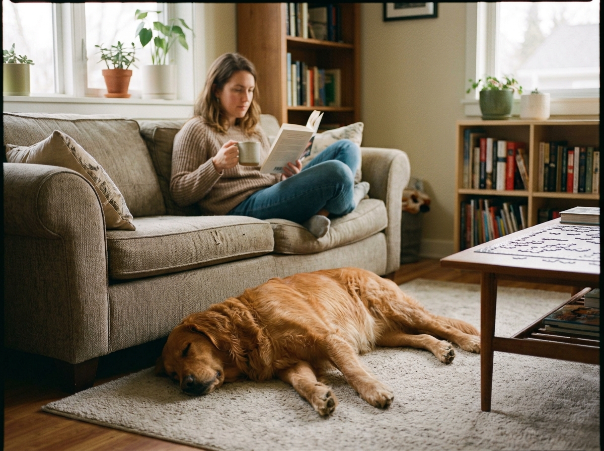 A golden retriever lays asleep at the foot of his owner's bed