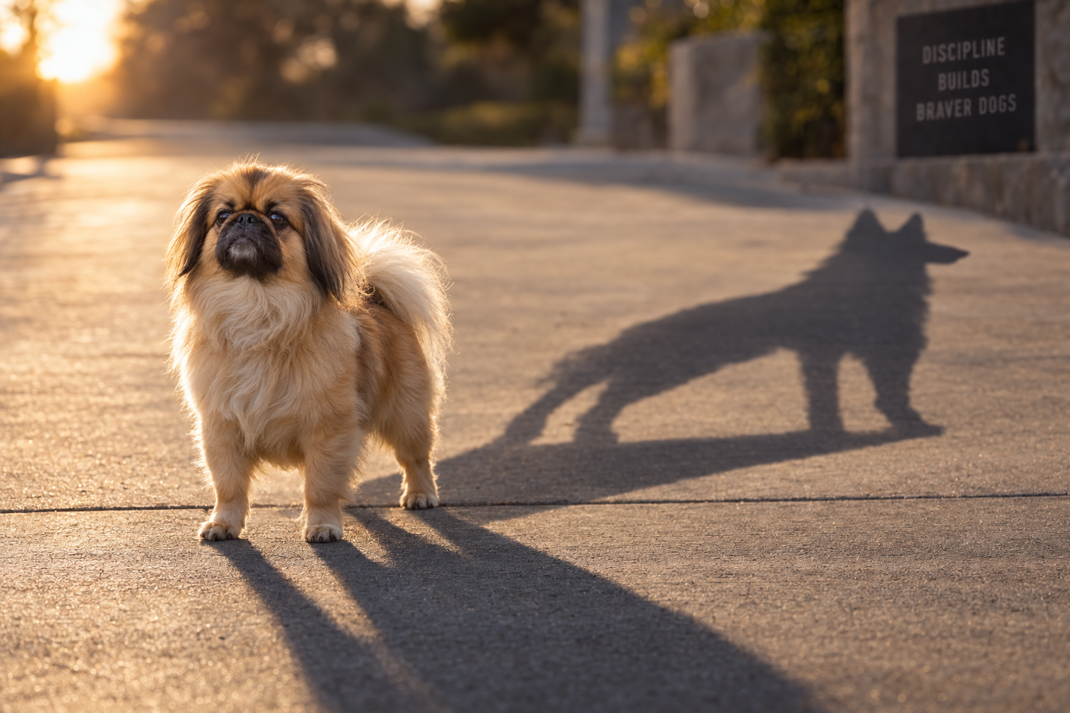 A small dog stands on a sidewalk, with a shadow revealing the outline of a wolf.